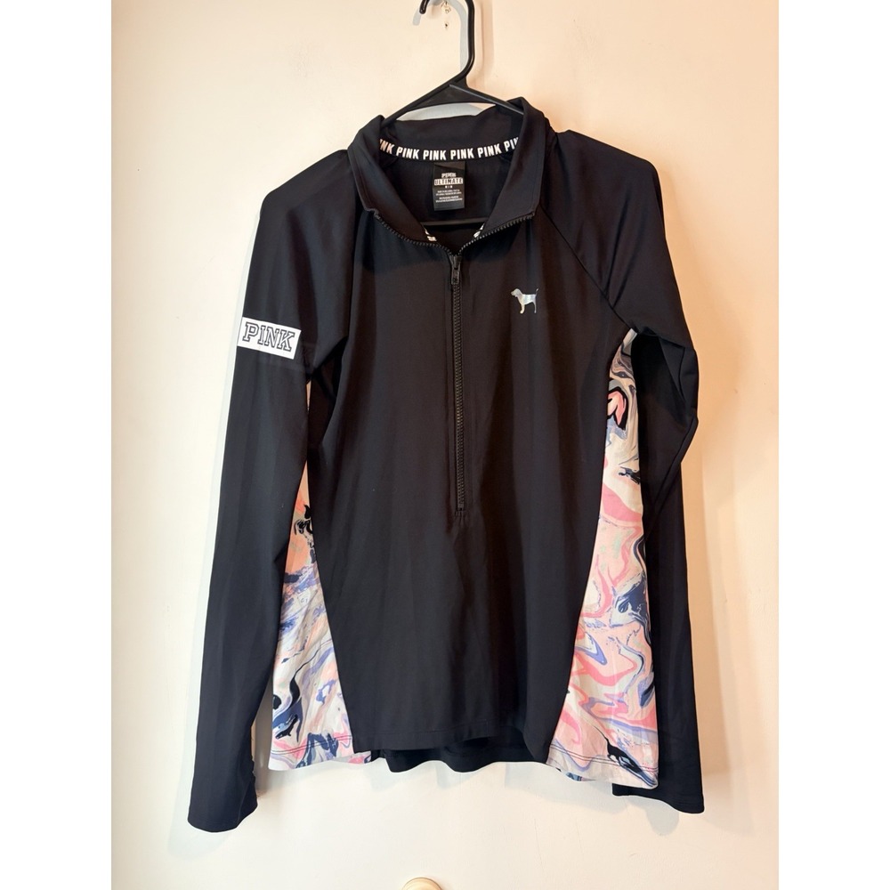 Victorias Secret Pink GRAPHIC Ultimate Deep Zip Yoga Half Zip Sweatshirt dye Med